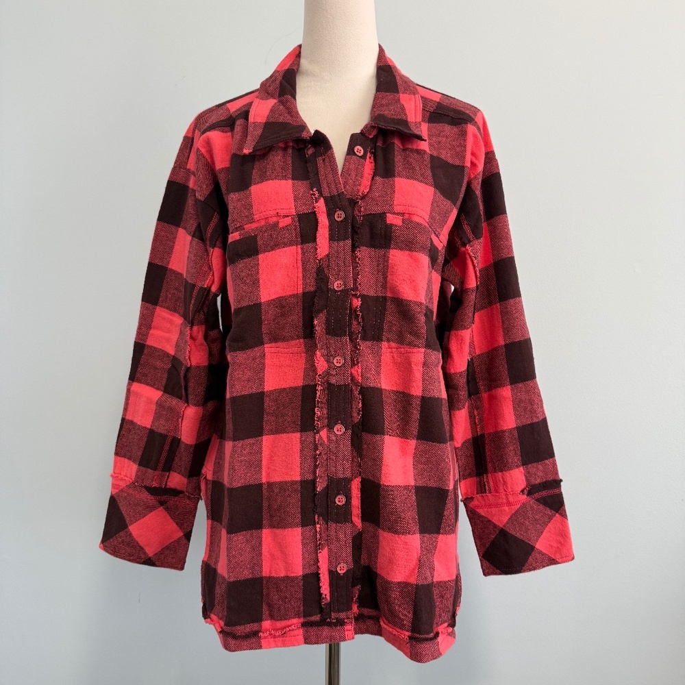 Free People We the Free‎ Women’s Oversized Pink-black Raw Hem Plaid Shirt Size S